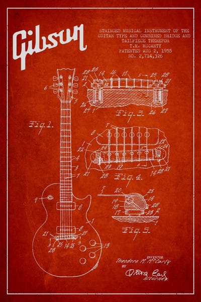 Aged Pixel: Gibson Guitar Red Patent Blueprint by Aged Pixel