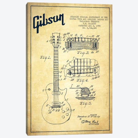 Gibson Guitar Vintage Patent Blueprint Canvas Print #ADP957} by Aged Pixel Canvas Art