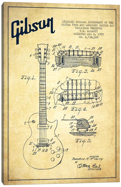 Gibson Guitar Vintage Patent Blueprint Canvas Art Print - Aged Pixel: Music