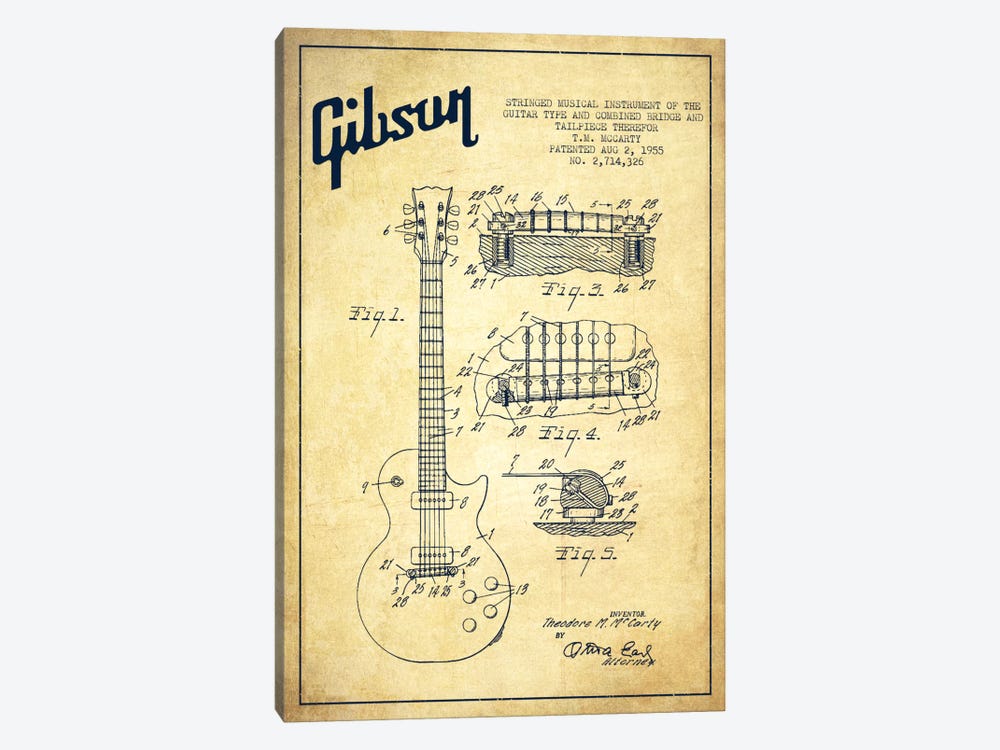 Gibson Guitar Vintage Patent Blueprint by Aged Pixel 1-piece Canvas Print