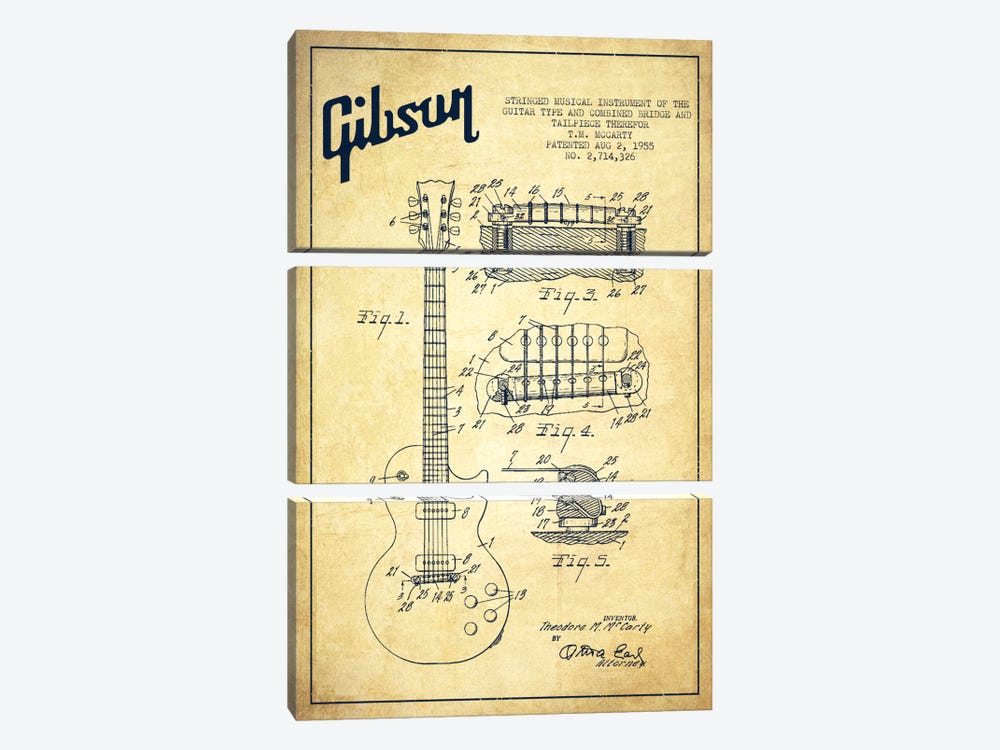 Gibson Guitar Vintage Patent Blueprint by Aged Pixel 3-piece Art Print