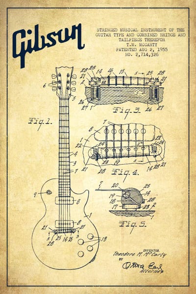 Aged Pixel: Gibson Guitar Vintage Patent Blueprint by Aged Pixel