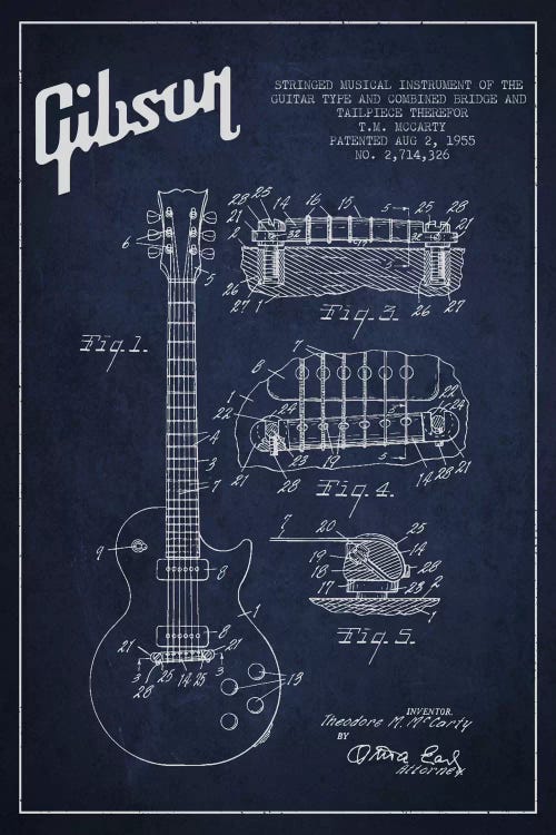 Gibson Guitar Blue Patent Blueprint by Aged Pixel wall art