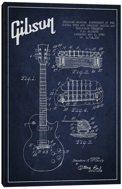 Gibson Guitar Blue Patent Blueprint Canvas Art Print - Music Blueprints