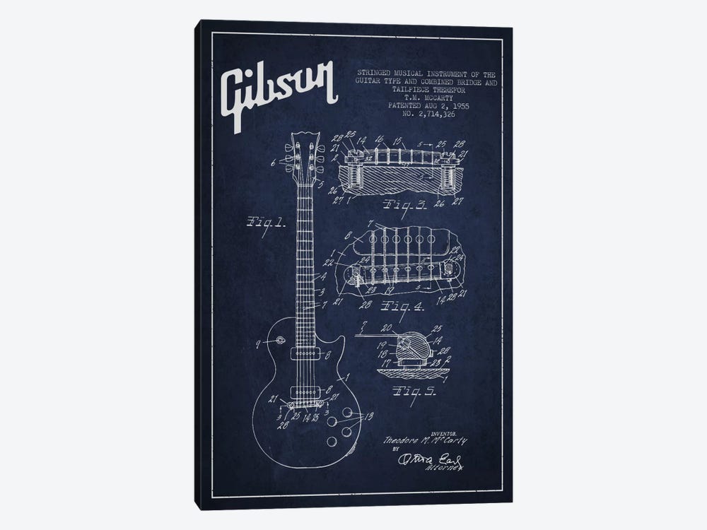 Gibson Guitar Blue Patent Blueprint by Aged Pixel 1-piece Canvas Artwork