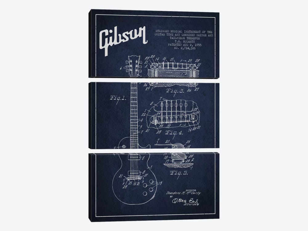 Gibson Guitar Blue Patent Blueprint by Aged Pixel 3-piece Canvas Wall Art