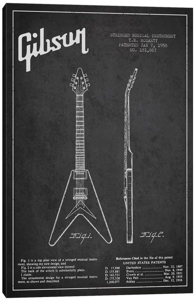 Gibson Electric Guitar Charcoal Patent Blueprint Canvas Art Print - Guitar Art