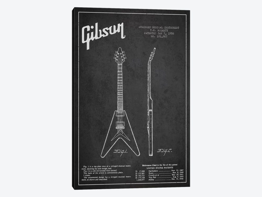 Gibson Electric Guitar Charcoal Patent Blueprint by Aged Pixel 1-piece Canvas Art Print