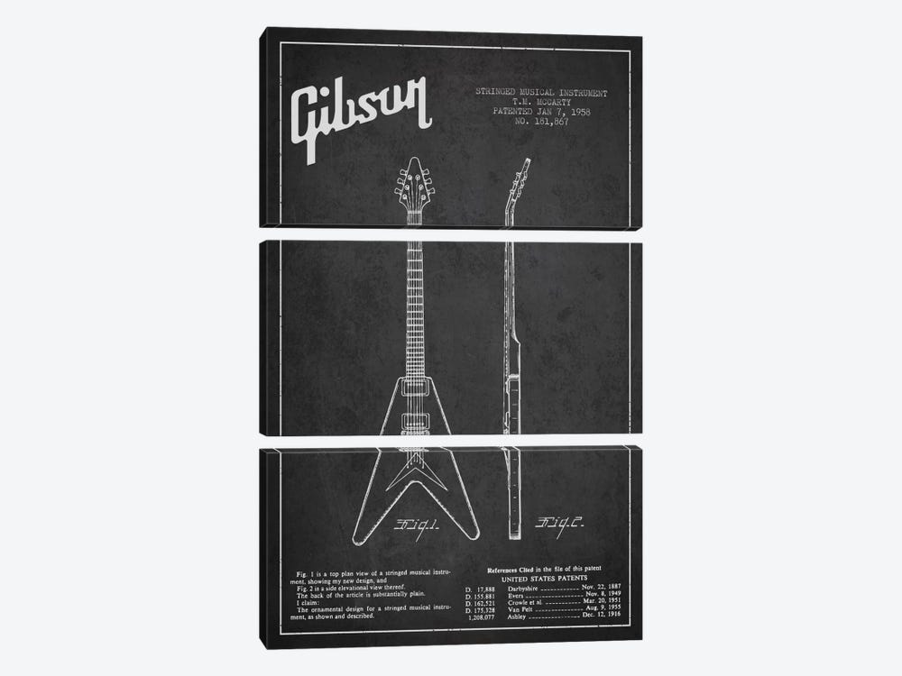 Gibson Electric Guitar Charcoal Patent Blueprint by Aged Pixel 3-piece Canvas Art Print