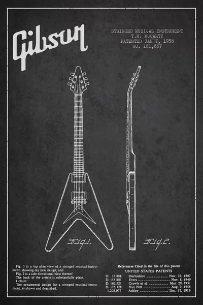 Aged Pixel: Gibson Electric Guitar Charcoal Patent Blueprint by Aged Pixel