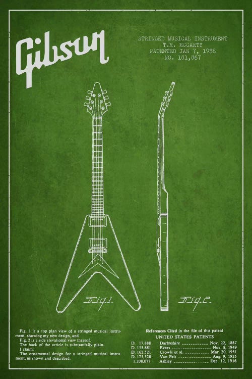 Gibson Electric Guitar Green Patent Blueprint