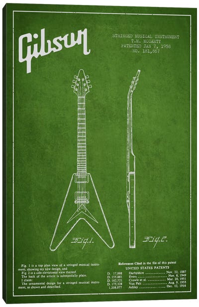 Gibson Electric Guitar Green Patent Blueprint Canvas Art Print - Aged Pixel: Music