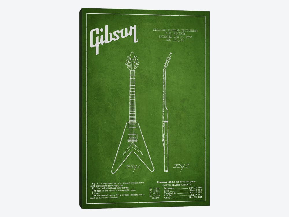 Gibson Electric Guitar Green Patent Blueprint by Aged Pixel 1-piece Canvas Art Print