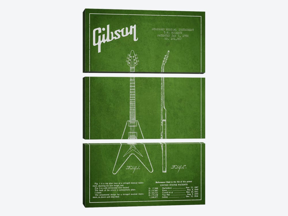 Gibson Electric Guitar Green Patent Blueprint by Aged Pixel 3-piece Canvas Print