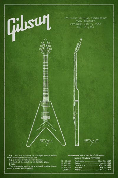 Music Blueprints: Gibson Electric Guitar Green Patent Blueprint by Aged Pixel