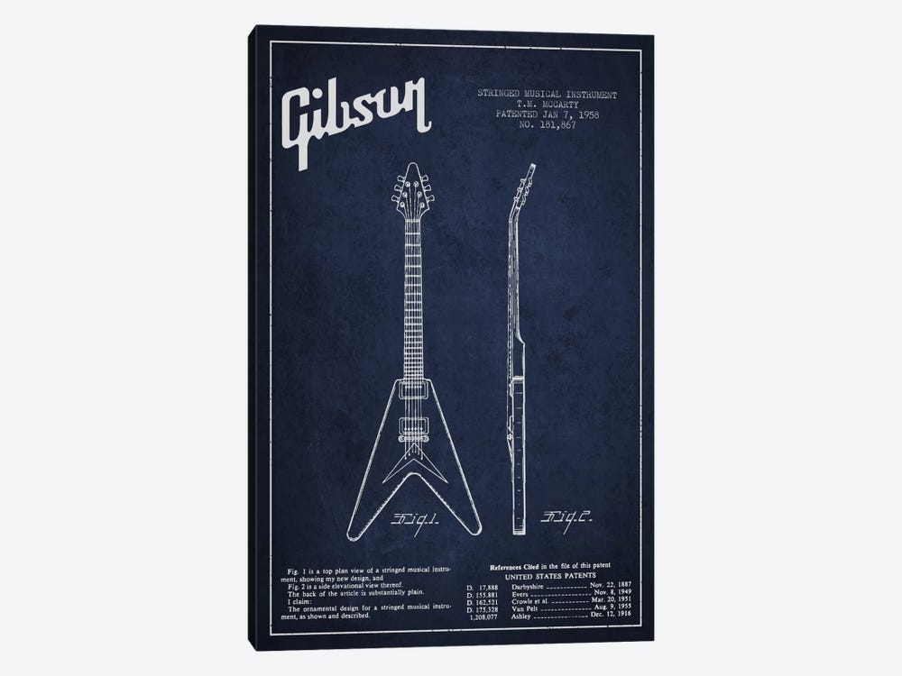 Gibson Electric Guitar Navy Blue Patent Blueprint by Aged Pixel 1-piece Canvas Wall Art