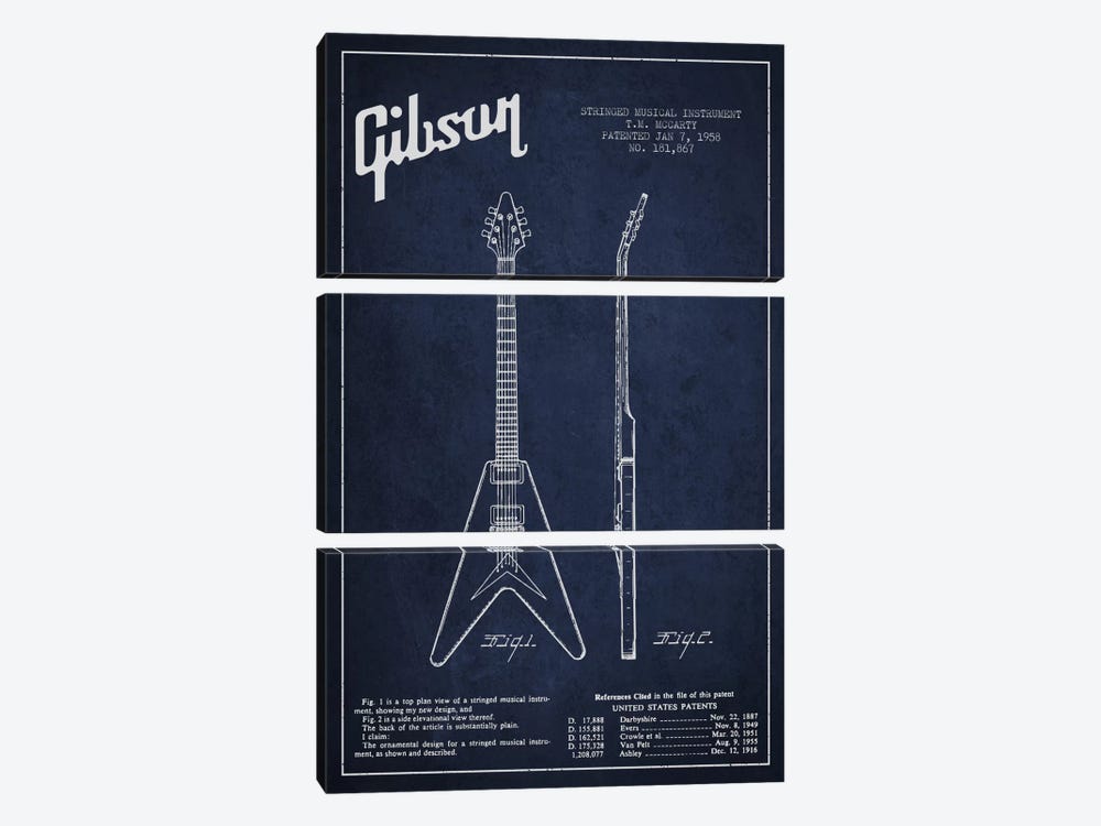 Gibson Electric Guitar Navy Blue Patent Blueprint by Aged Pixel 3-piece Canvas Art