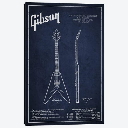 Gibson Electric Guitar Navy Blue Patent Blueprint Canvas Print #ADP961} by Aged Pixel Canvas Artwork