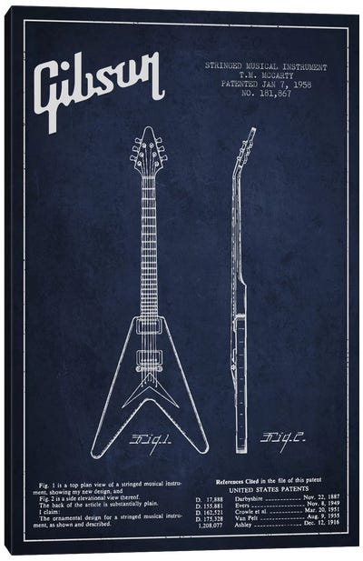 Gibson Electric Guitar Navy Blue Patent Blueprint Canvas Art Print - Music Blueprints
