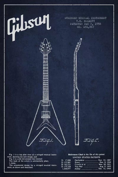 Music Blueprints: Gibson Electric Guitar Navy Blue Patent Blueprint by Aged Pixel