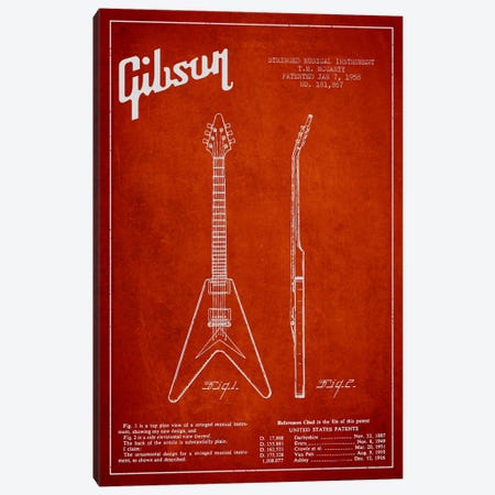 Gibson Electric Guitar Red Patent Blueprint Canvas Print #ADP962} by Aged Pixel Canvas Art