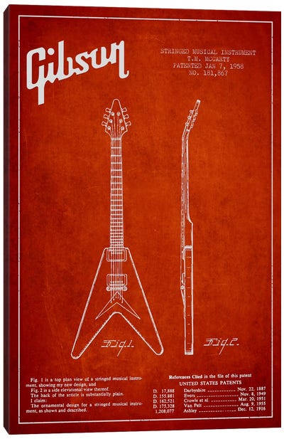 Gibson Electric Guitar Red Patent Blueprint Canvas Art Print - Aged Pixel: Music