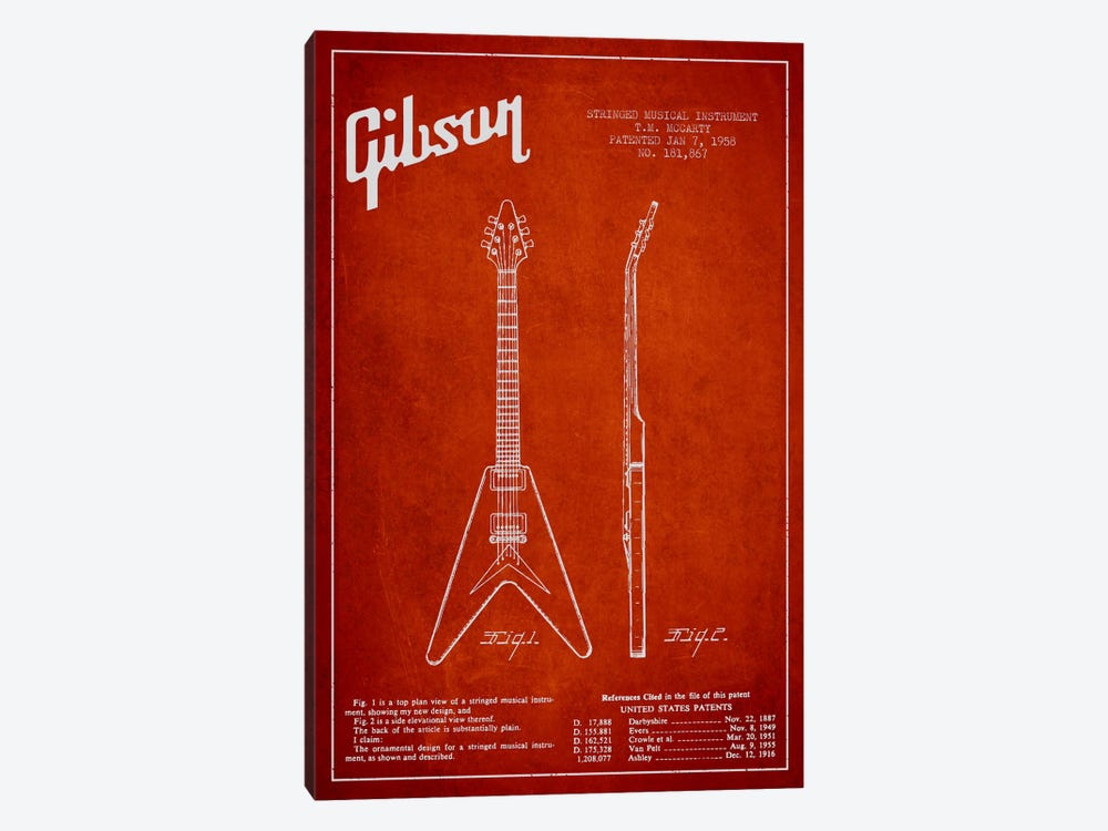 Gibson Electric Guitar Red Patent Blueprint 1-piece Art Print