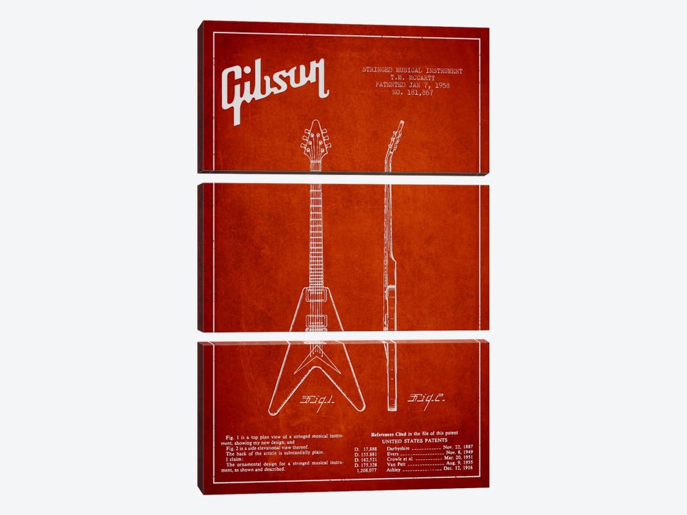 Gibson Electric Guitar Red Patent Blueprint by Aged Pixel 3-piece Art Print