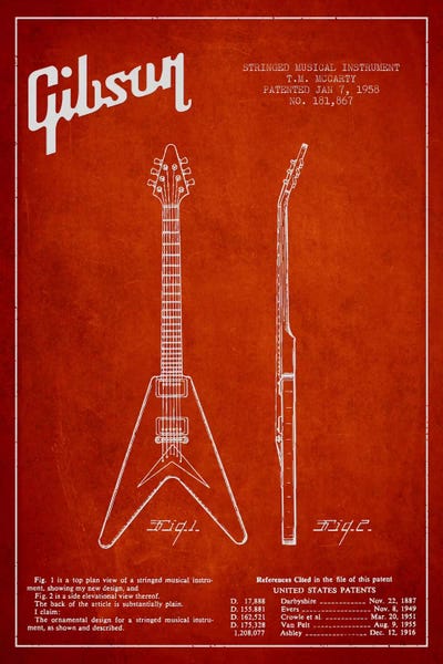Music Blueprints: Gibson Electric Guitar Red Patent Blueprint by Aged Pixel
