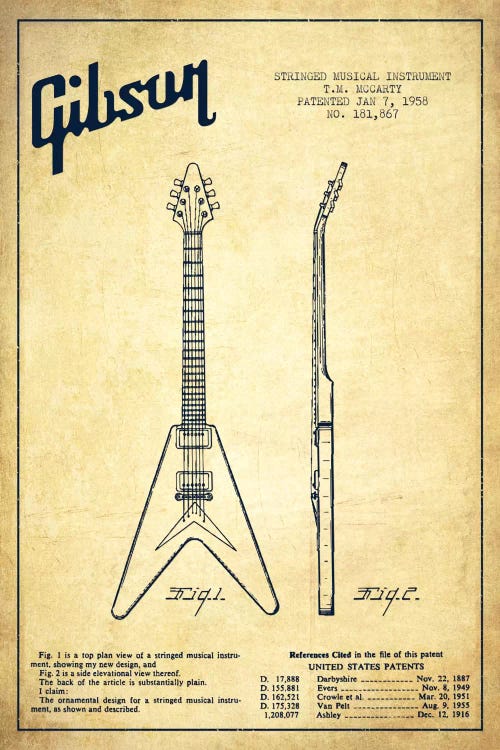 Gibson Electric Guitar Vintage Patent Blueprint