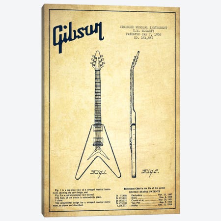 Gibson Electric Guitar Vintage Patent Blueprint Canvas Print #ADP963} by Aged Pixel Canvas Artwork