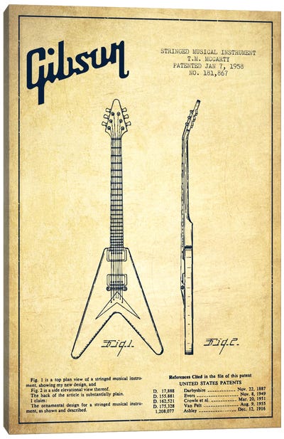 Gibson Electric Guitar Vintage Patent Blueprint Canvas Art Print - Music Blueprints