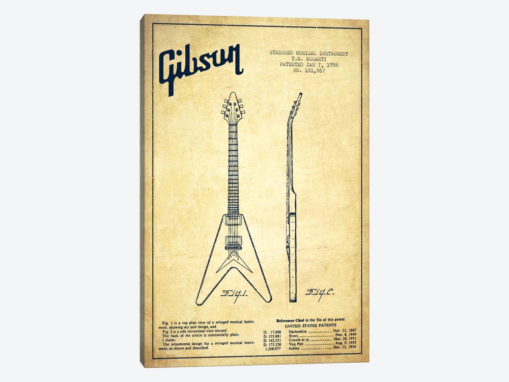 Gibson Electric Guitar Vintage Patent Blueprint by Aged Pixel 1-piece Canvas Art