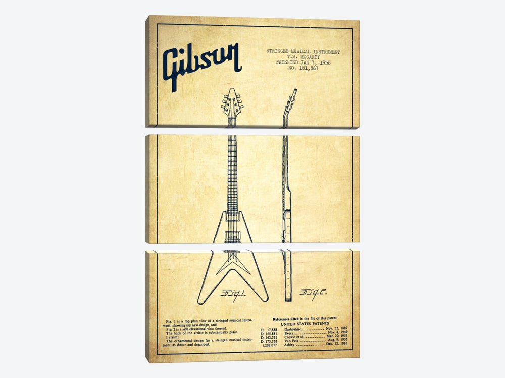 Gibson Electric Guitar Vintage Patent Blueprint by Aged Pixel 3-piece Canvas Art