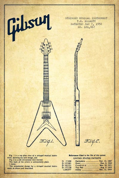 Aged Pixel: Gibson Electric Guitar Vintage Patent Blueprint by Aged Pixel