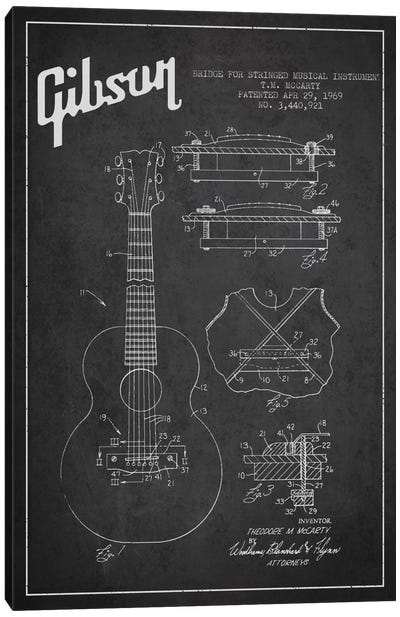 Gibson Stringed Charcoal Patent Blueprint Canvas Art Print - Aged Pixel: Music