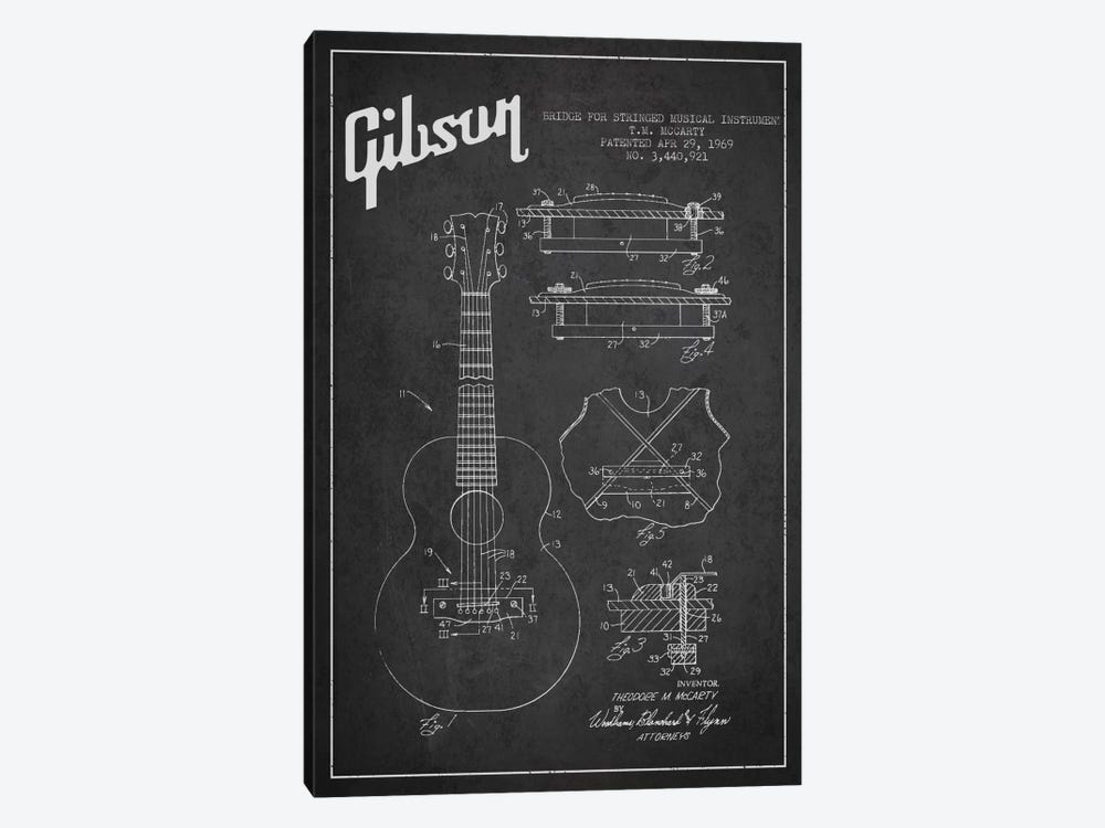 Gibson Stringed Charcoal Patent Blueprint by Aged Pixel 1-piece Canvas Art Print