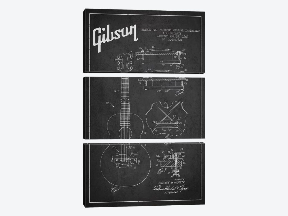 Gibson Stringed Charcoal Patent Blueprint by Aged Pixel 3-piece Canvas Art Print