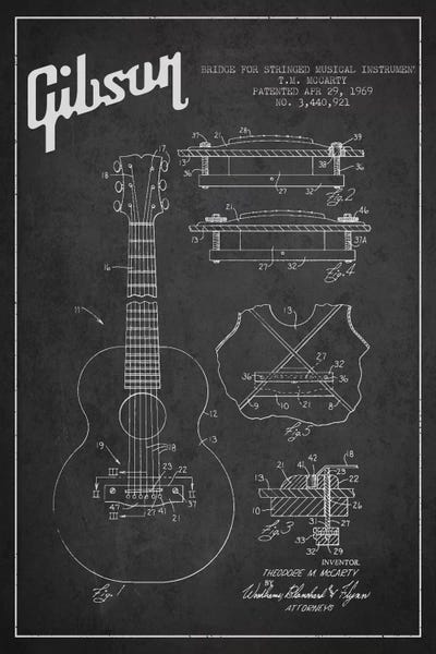 Music Blueprints: Gibson Stringed Charcoal Patent Blueprint by Aged Pixel