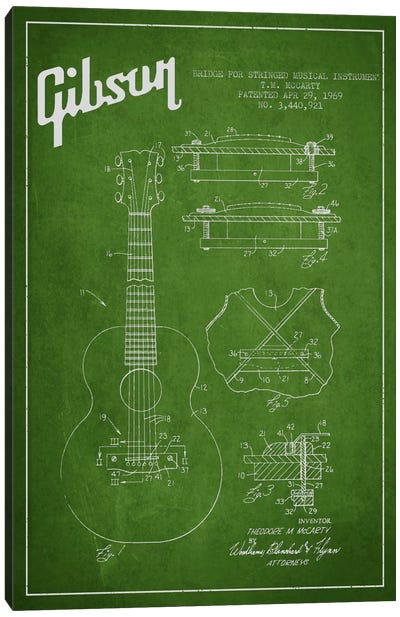 Gibson Stringed Green Patent Blueprint Canvas Art Print - Music Blueprints
