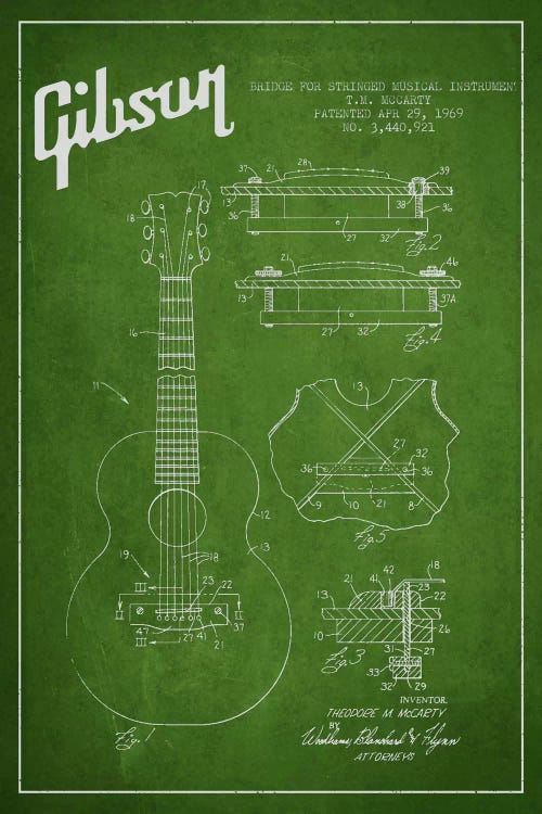 Gibson Stringed Green Patent Blueprint by Aged Pixel wall art