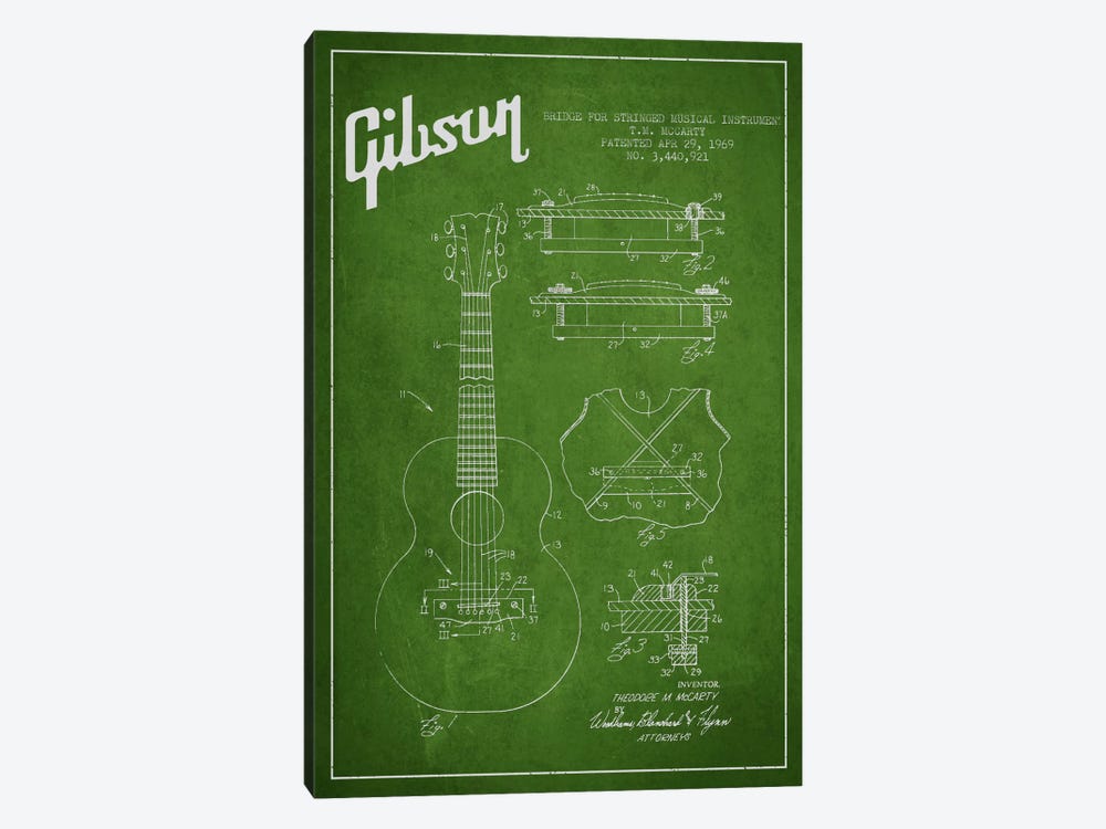 Gibson Stringed Green Patent Blueprint by Aged Pixel 1-piece Canvas Wall Art