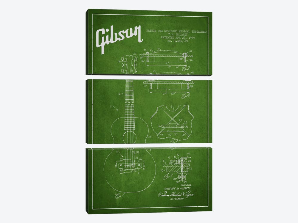 Gibson Stringed Green Patent Blueprint by Aged Pixel 3-piece Canvas Artwork
