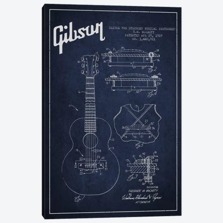 Gibson Stringed Navy Blue Patent Blueprint Canvas Print #ADP966} by Aged Pixel Canvas Art Print