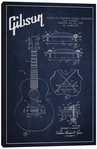Gibson Stringed Navy Blue Patent Blueprint Canvas Art Print - Aged Pixel: Music