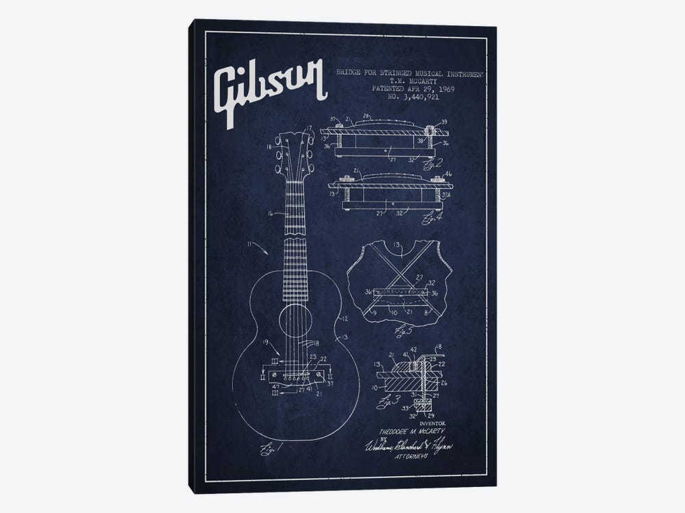 Gibson Stringed Navy Blue Patent Blueprint by Aged Pixel 1-piece Art Print