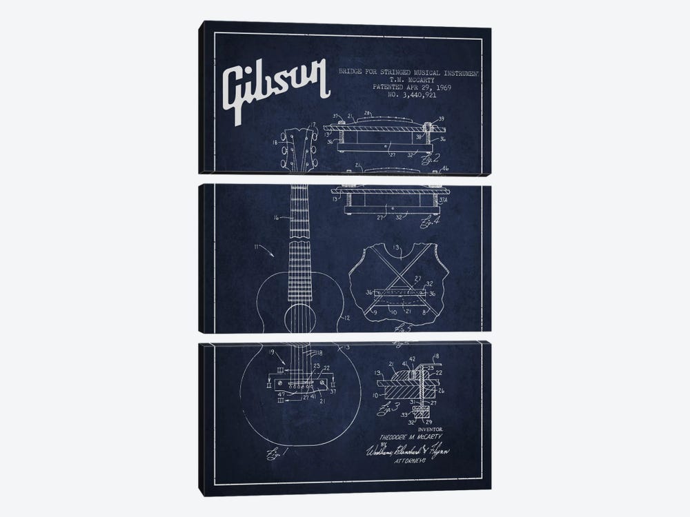 Gibson Stringed Navy Blue Patent Blueprint by Aged Pixel 3-piece Art Print