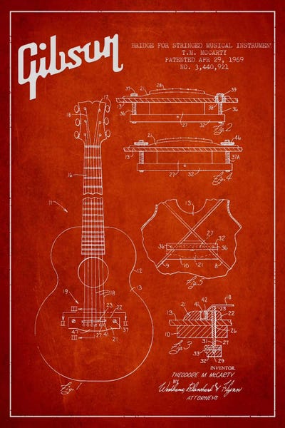 Gibson Stringed Red Patent Blueprint by Aged Pixel metal wall art