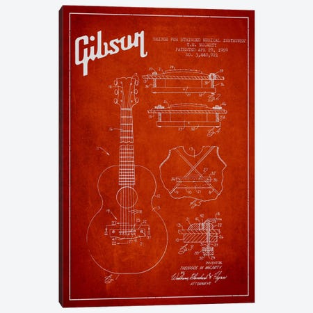 Gibson Stringed Red Patent Blueprint Canvas Print #ADP967} by Aged Pixel Art Print