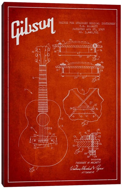 Gibson Stringed Red Patent Blueprint Canvas Art Print - Music Blueprints